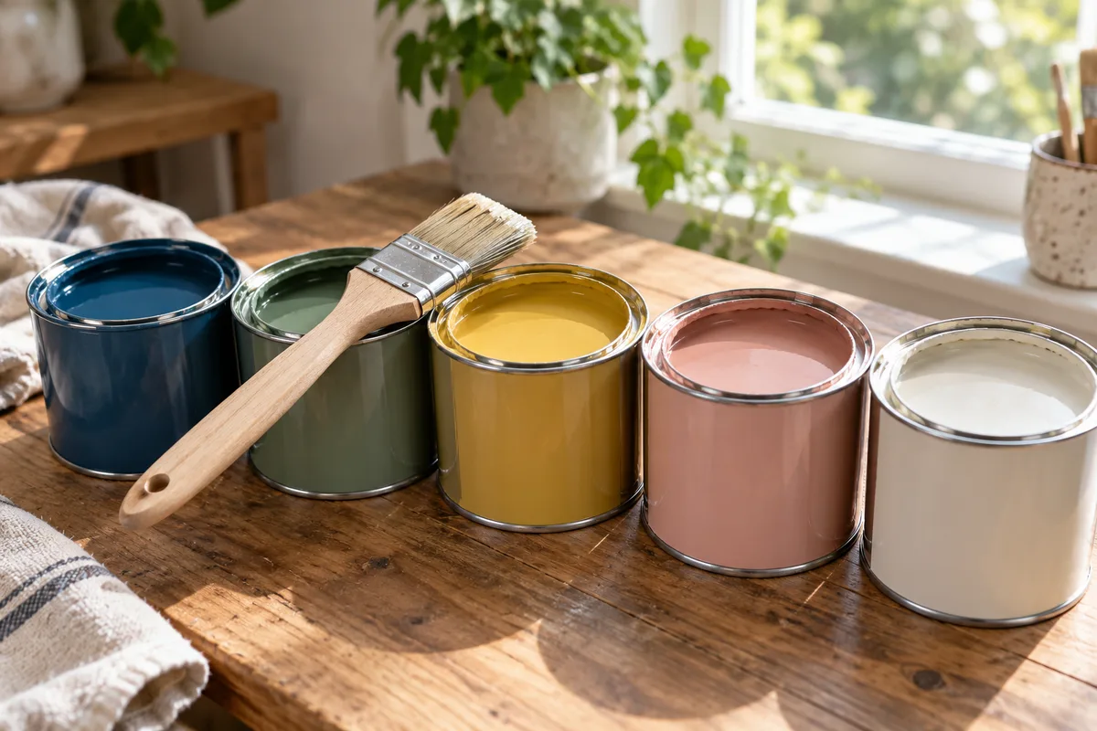 Pots de peinture ouverts aux couleurs unies alignés sur une table en bois, pinceau posé en travers