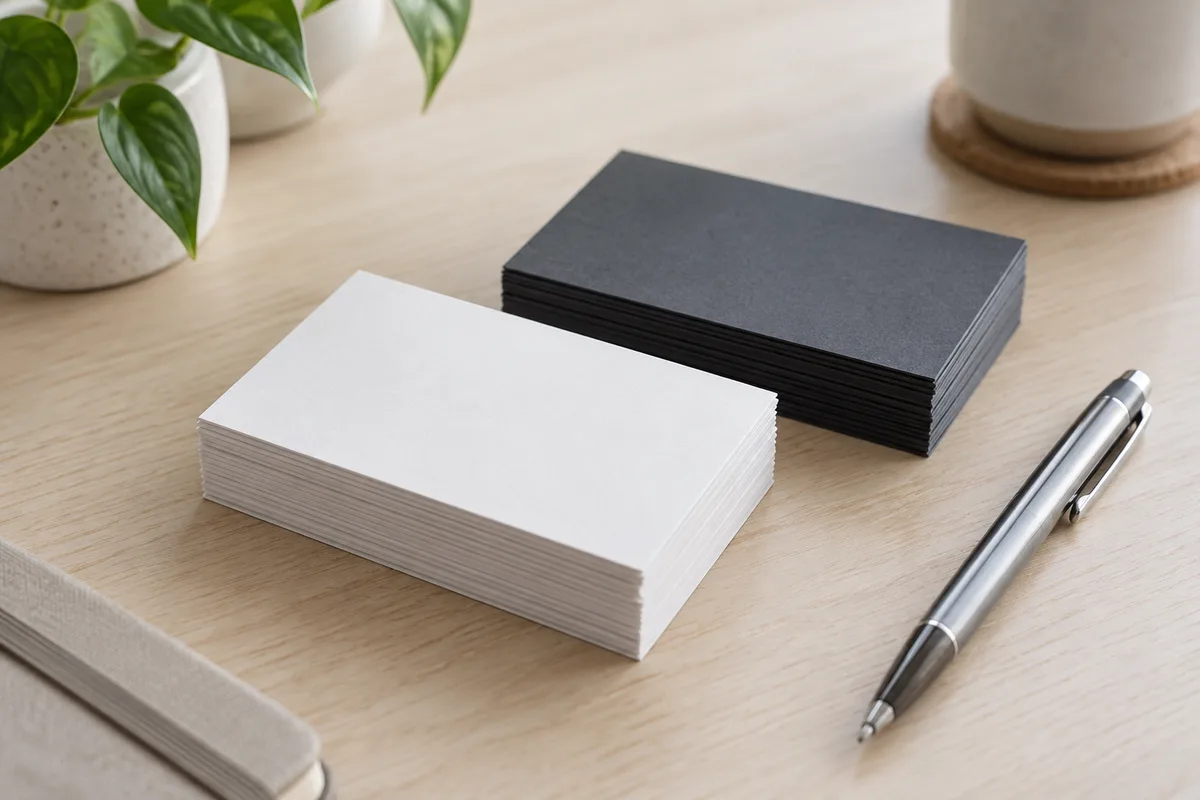 Pile de cartes de visite unies de deux couleurs posée sur un bureau clair à côté d’un stylo