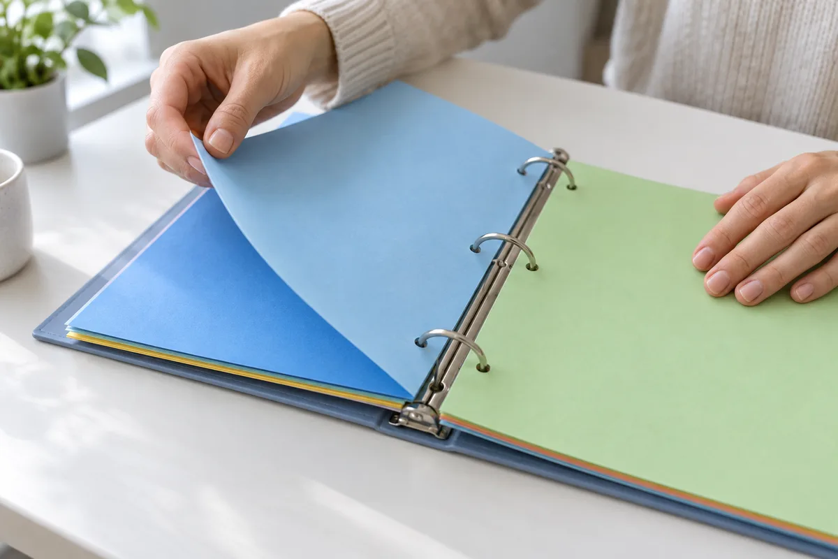 Mains feuilletant un classeur à anneaux ouvert sur des pages de couleurs unies