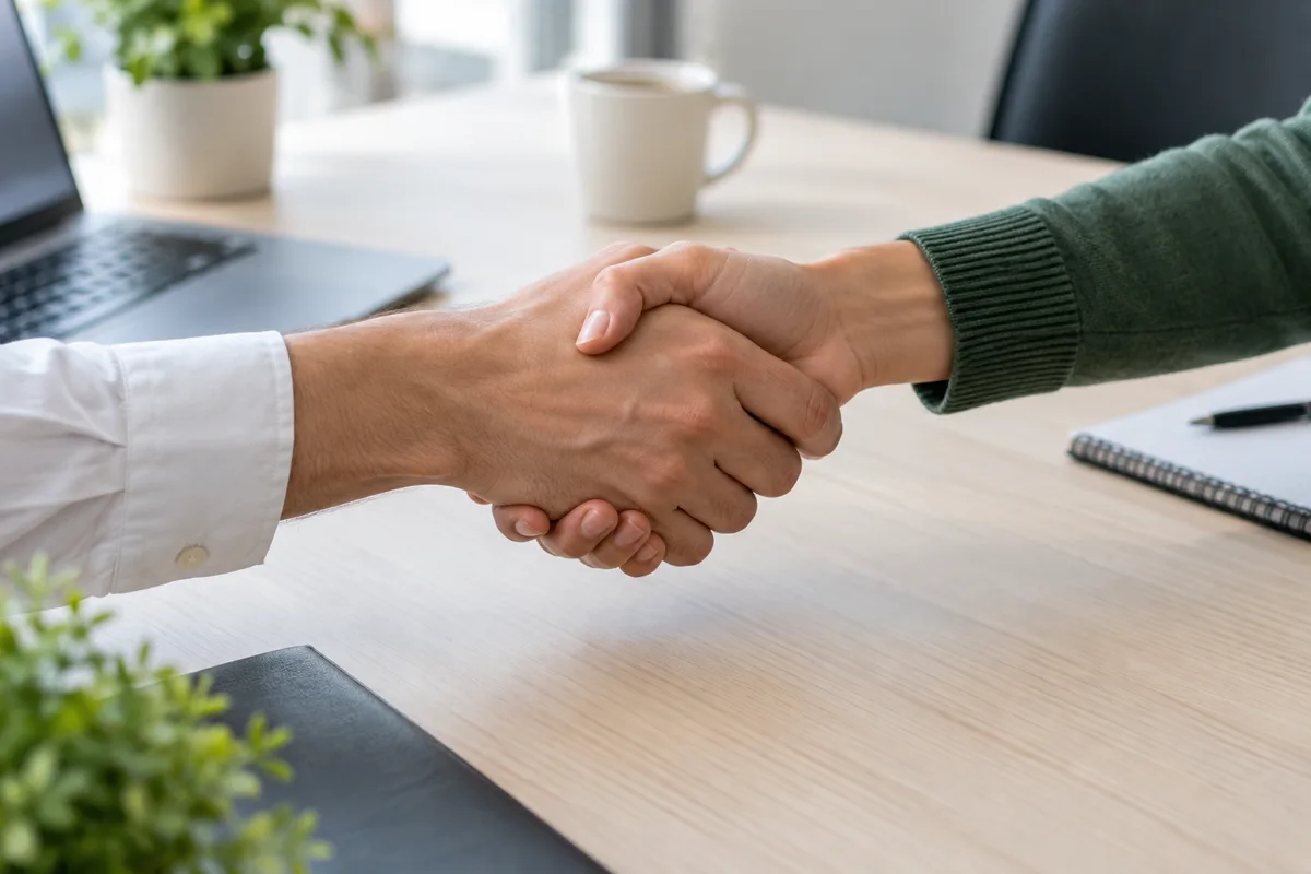 Deux mains se serrant au-dessus d’un bureau clair, manche de chemise blanche et manche de pull vert