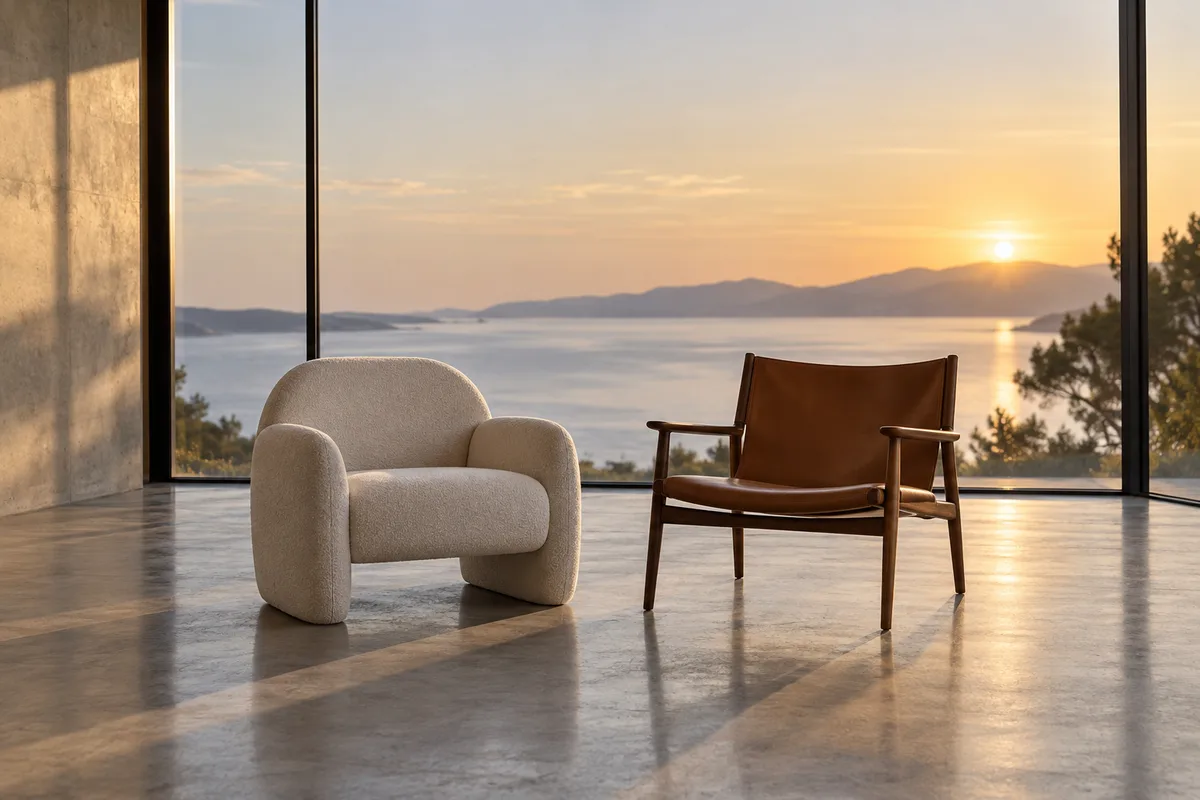 Deux chaises design de styles différents côte à côte devant une baie vitrée