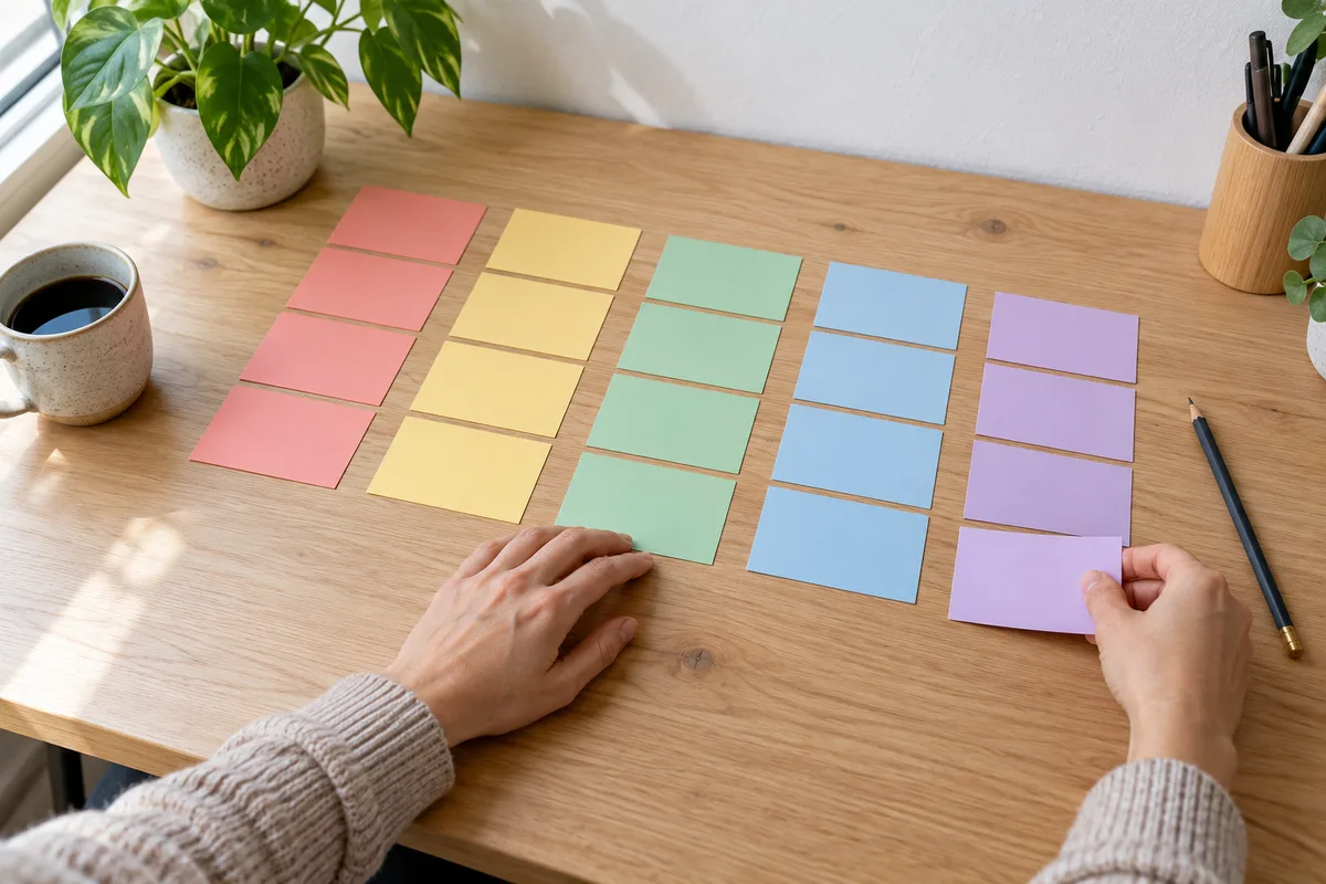 Mains classant des fiches cartonnées colorées en colonnes sur un bureau en bois