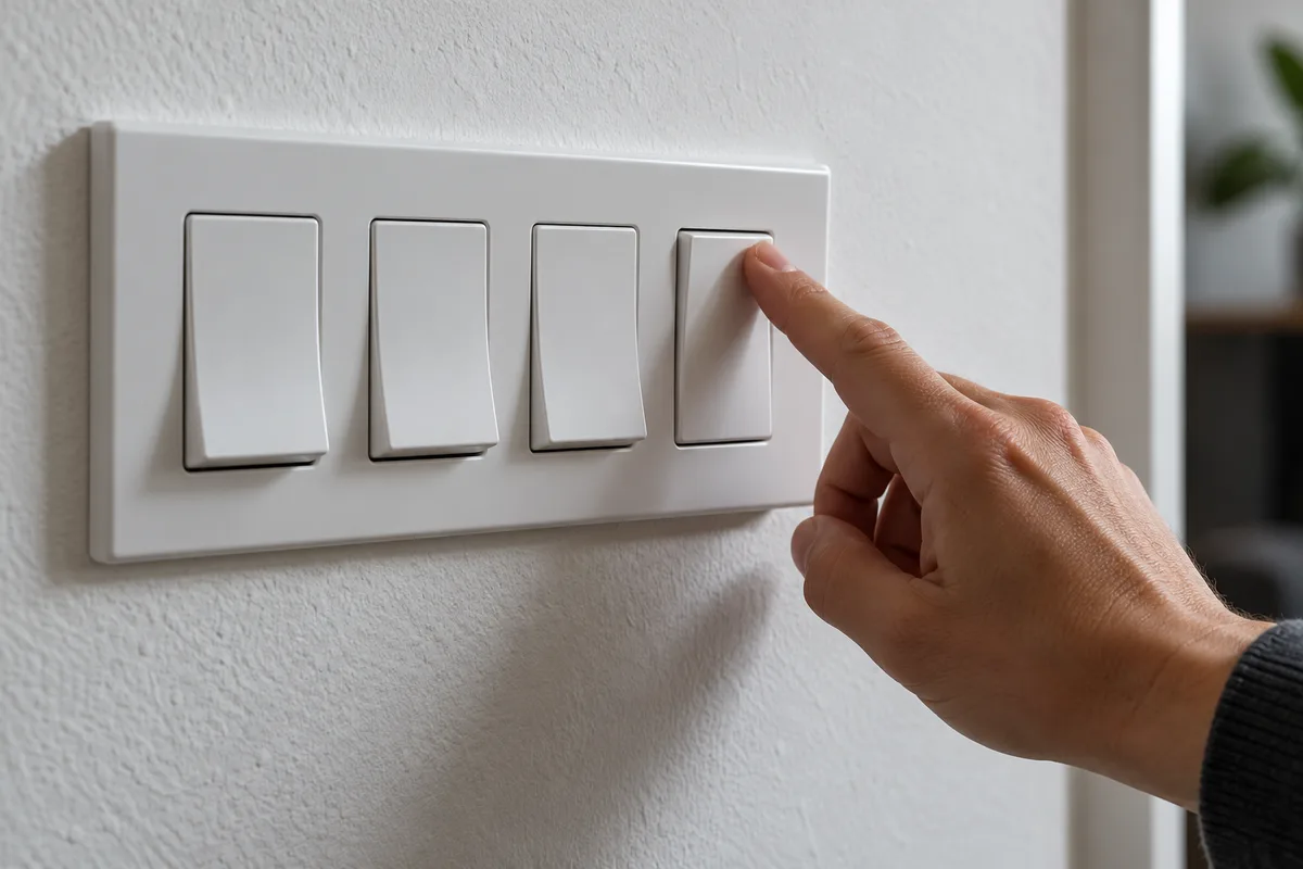 Main actionnant un interrupteur blanc sur une rangée d’interrupteurs muraux