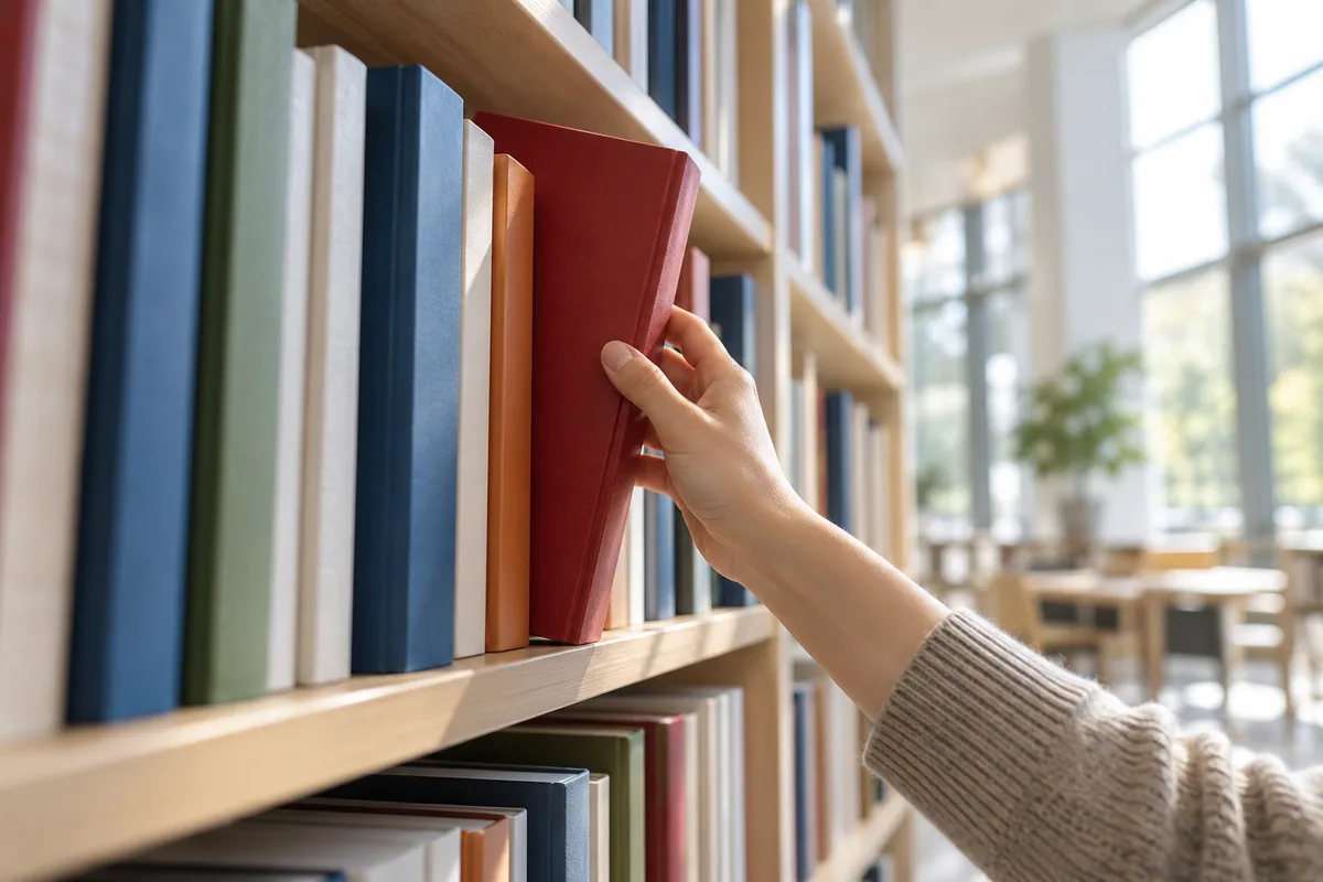 Rayonnages d’une bibliothèque claire vus en légère contre-plongée, dos de livres aux couleurs unies, une main en tirant un