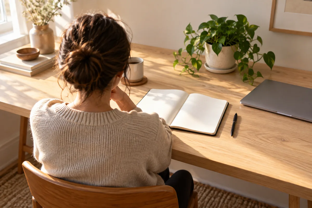 Personne vue de dos à un bureau clair, ordinateur portable fermé, carnet ouvert aux pages vierges et stylo, plante verte