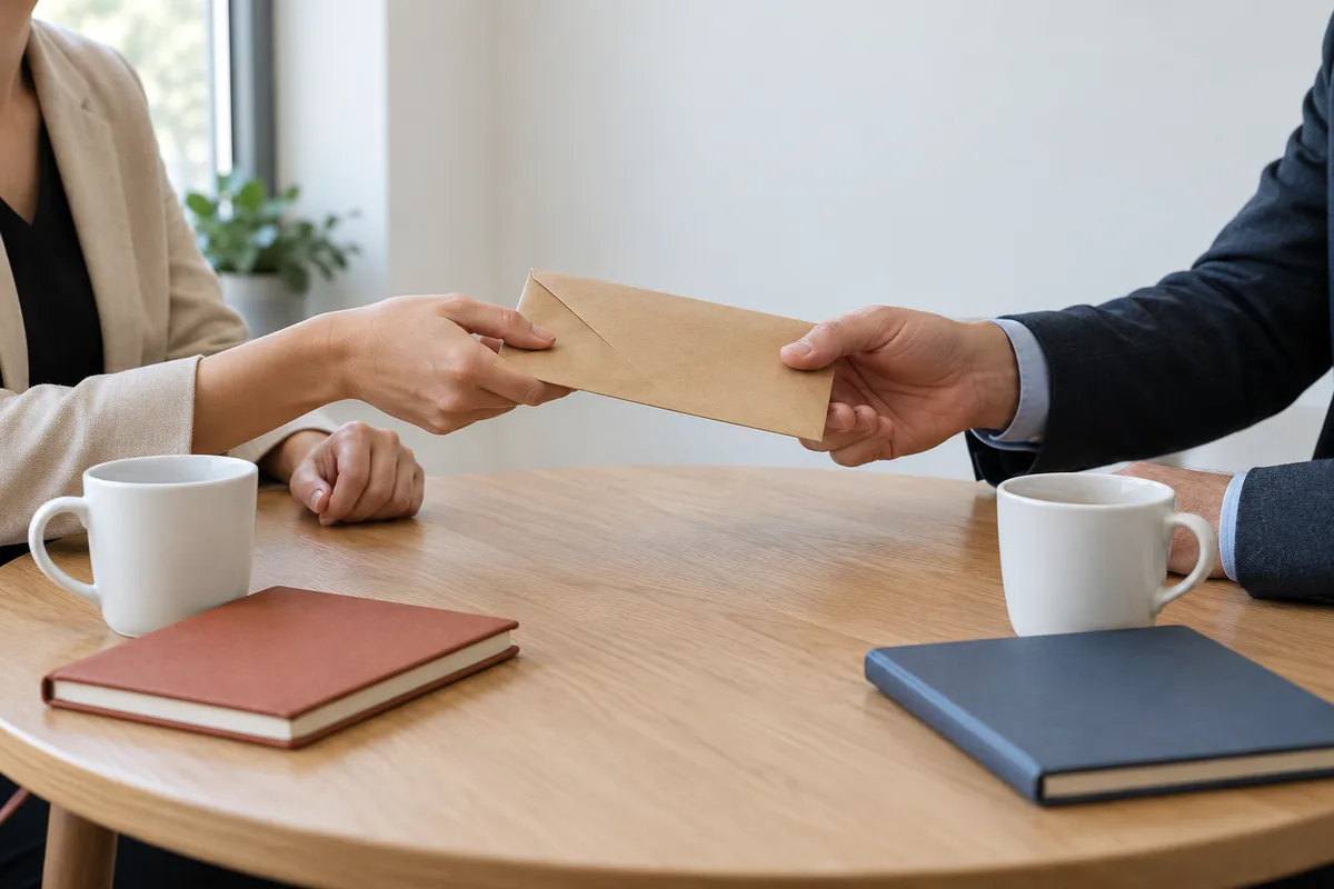 Deux paires de mains qui se passent une enveloppe kraft au-dessus d’une table de réunion ronde