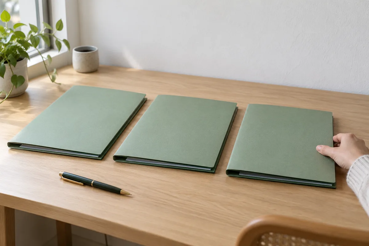 Trois chemises cartonnées de même couleur alignées côte à côte sur un bureau clair, une main ajustant la dernière