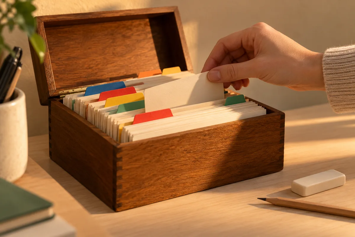 Mains qui classent des fiches cartonnées unies dans une boîte en bois posée sur une table claire, lumière douce de fin de journée