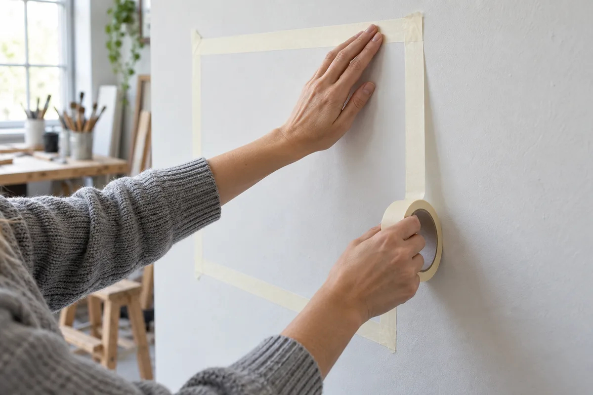 Mains déroulant un ruban de masquage sur un mur clair pour tracer un rectangle