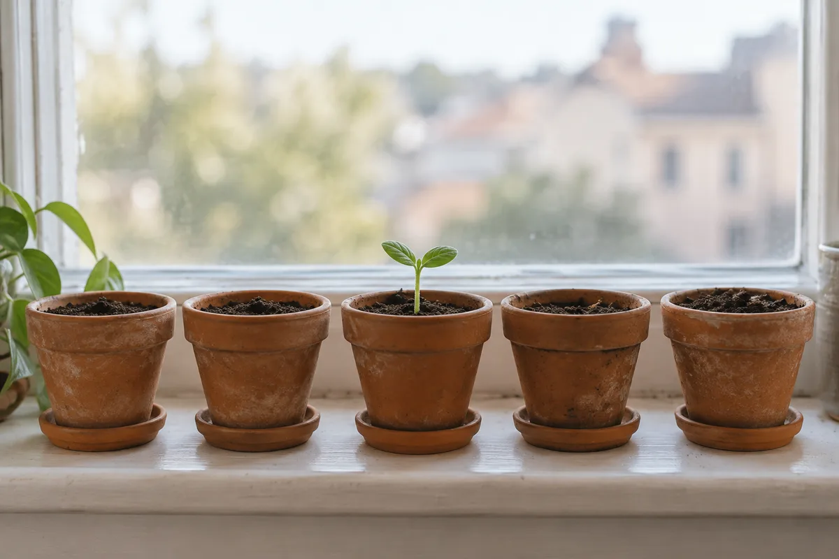 Pots en terre cuite alignés sur un rebord de fenêtre, dont un porte une jeune pousse