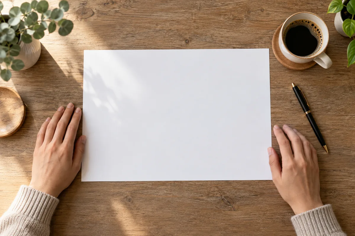 Bureau vu de dessus avec une tasse de café, un stylo et une grande feuille blanche