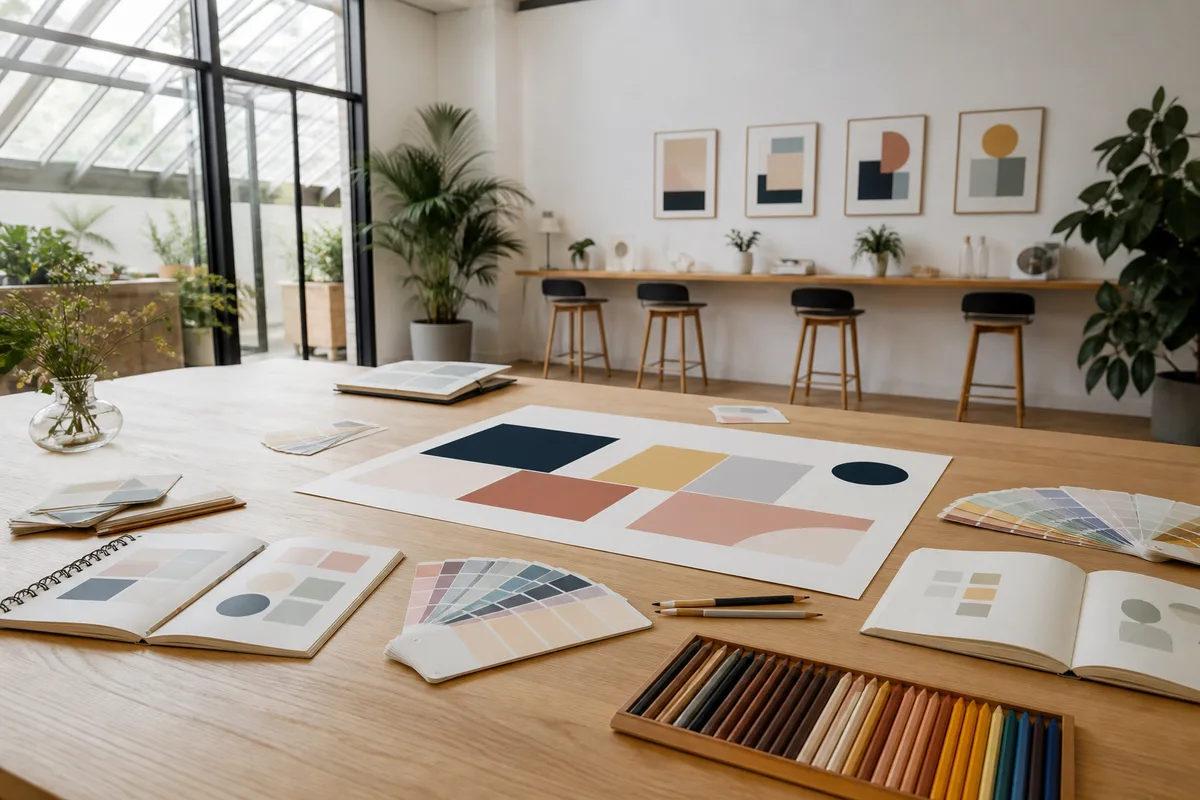 Table de graphiste avec nuancier de couleurs, feuilles d’esquisses géométriques et règle en métal