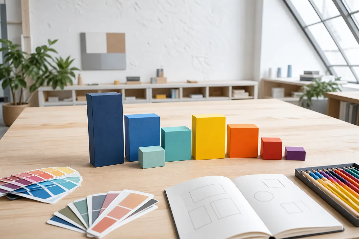 Répartition budgétaire présentée sous forme de blocs colorés sur un plan de travail