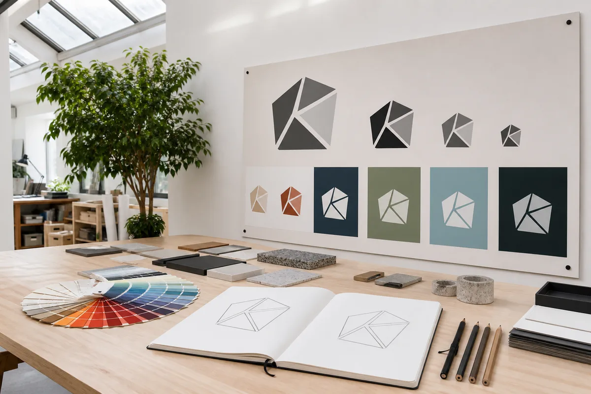 Planche de contrôle présentant un logo décliné en plusieurs tailles et versions