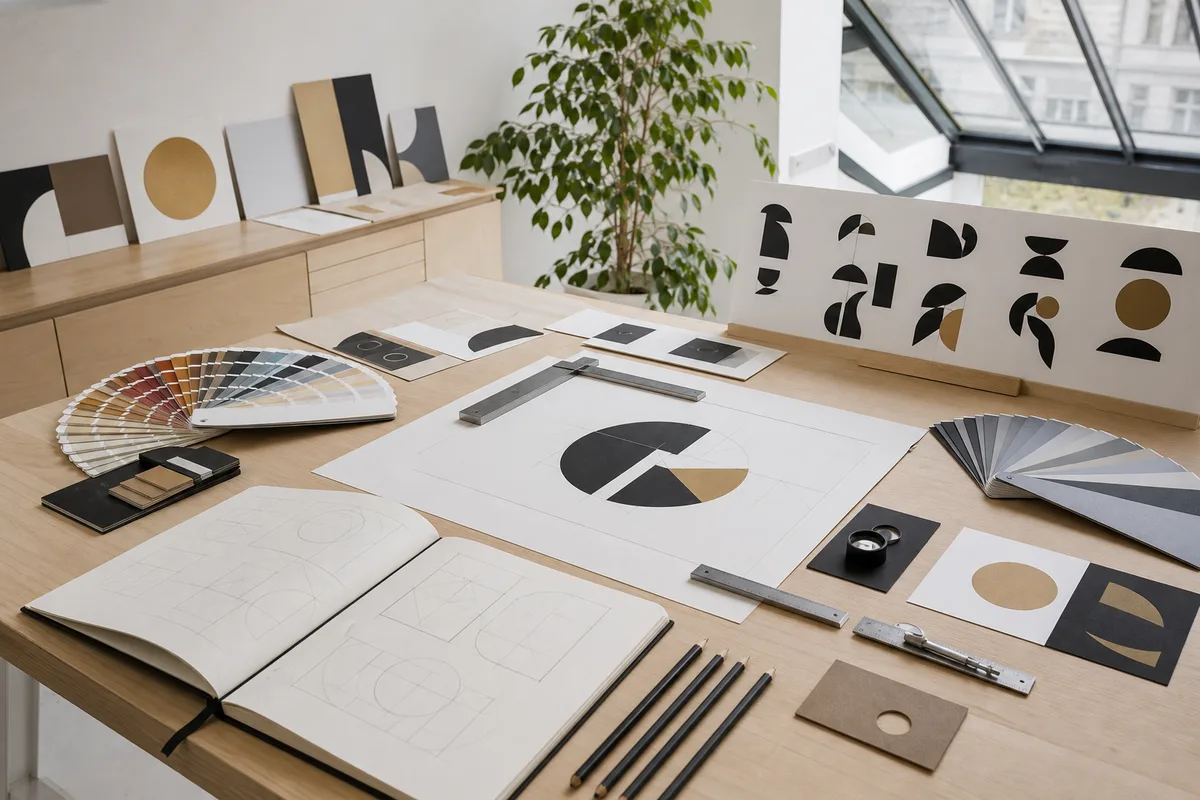 Nuancier et alphabet typographique disposés autour d’un logo en cours de calage