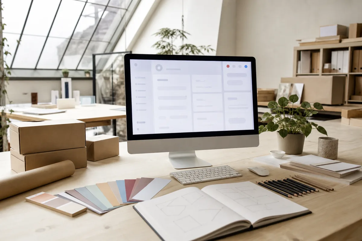 Poste de travail avec écran de gestion de commandes et cartons de préparation